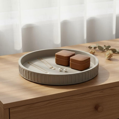 12in 100% Decorative Tray for Coffee Table Tray Decor, Gray Solid Concrete Decorative Round Tray for Kitchen, Living