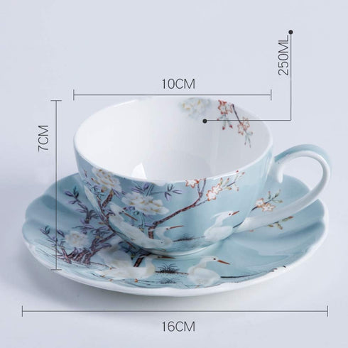 8oz Blue Fine Bone China Coffee Cup with Saucer, Colored Flowers, White Crane Porcelain Tea Cup