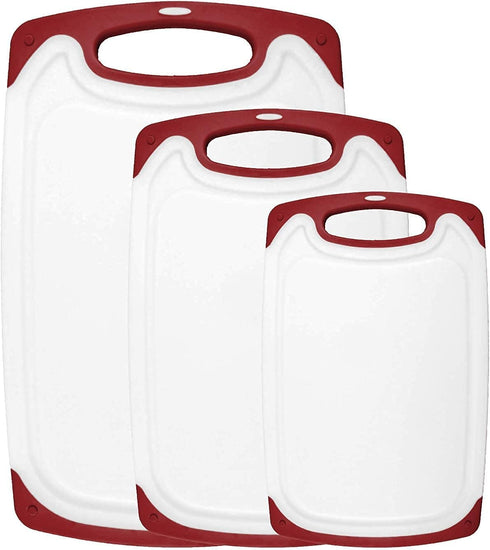 HOMWE Cutting Boards for Kitchen - 3-Pack Chopping Board Set with Non Slip Handles, Reversible, Large Size - Red