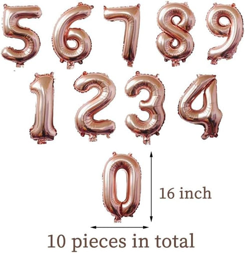 10 pcs Rose Gold Mylar Balloons, 16inch Number Foil Balloons 0~9 for Birthday Wedding Party Decorations
