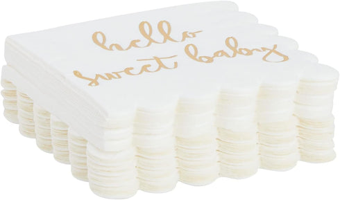 50 Pack White Scalloped Napkins 5x5 Inch with Gold Foil Hello Sweet Baby - Gender Neutral Baby Shower Table Decor for