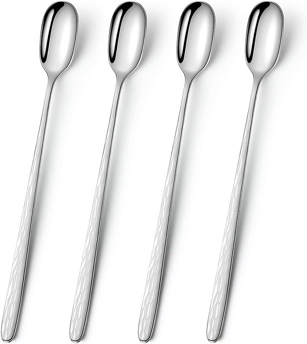 YFWOOD 9.1-Inch Long Handle Iced Tea Spoon - Set of 4 Stainless Steel Cocktail Stirring Spoons, Ice Cream Spoon (Silver)