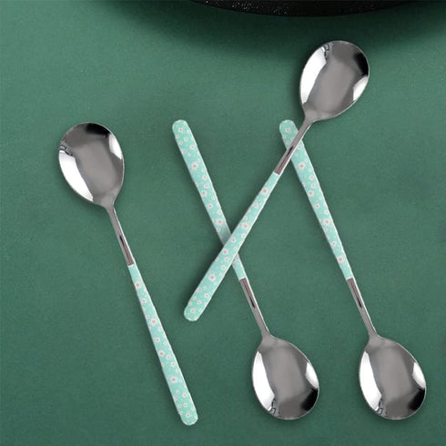 Set of 4 Stainless Steel Soup Spoons, Korean Dessert Spoons, Green Daisy Mixed Color, 8 Inches