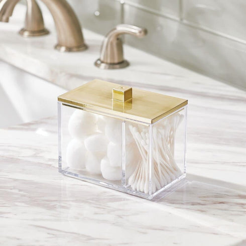 mDesign Modern Square Bathroom Vanity Storage Organizer Canister Jar for Cotton Swabs, Makeup Sponges - Clear/Soft Brass