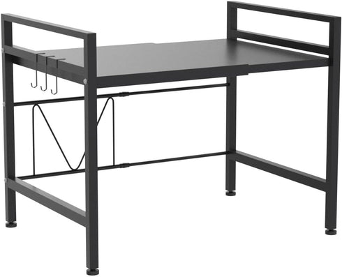 PUSDON Extendable Microwave Oven Rack, Adjustable Heavy Duty Kitchen Countertop Organizer, 2 Tier with 3 Hooks, Black