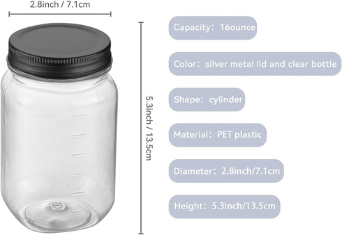 novelinks 16 oz Clear Plastic Jars with Screw-On Lids, 10 Pack BPA-Free Storage Containers for Crafts and Food