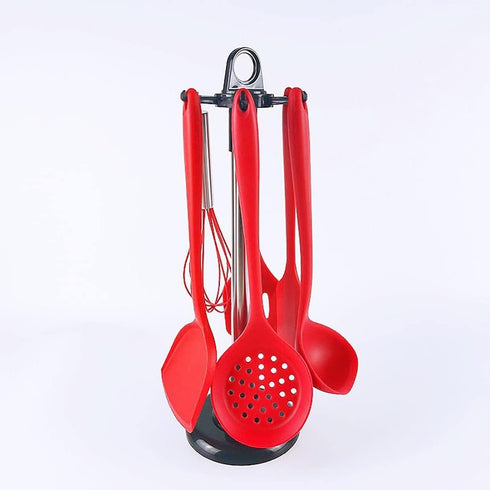Kitchenware Storage Rack, Stainless Steel Utensil Holder, 360 Degree Rotating Organizer with 6 Hooks