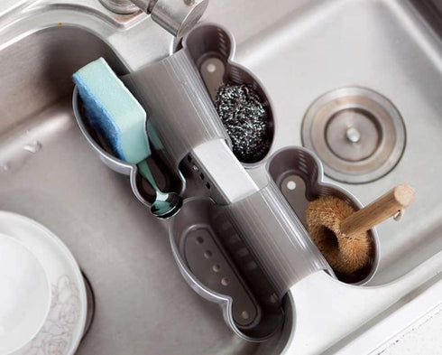 Sink Caddy Sponge Holder- Kitchen Sink Soap Holder-Plastic Saddle Faucet Caddy-Double Organizer for Brushes, Sponges