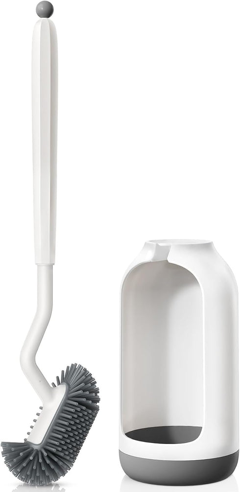 HAMITOR Toilet Bowl Brush Holder Set: Deep Cleaning Silicone Scrubber with Curved Bristle for Bathroom Dead Corner Clean