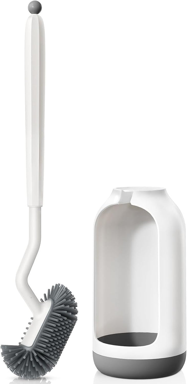 HAMITOR Toilet Bowl Brush Holder Set: Deep Cleaning Silicone Scrubber with Curved Bristle for Bathroom Dead Corner Clean