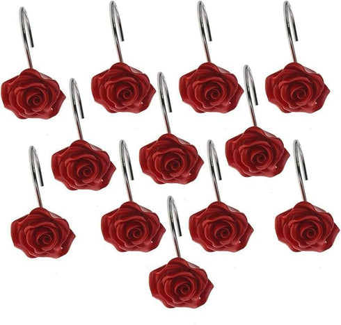 12 PCS Decorative Anti Rust Shower Curtain Hooks, Rose Design Shower Curtain Rings (RED)