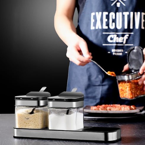 304 Set 3 Counter, Condiment Jar Spice Container with Stainless Steel Lids and Spoons,Clear Glass Condiment Canisters