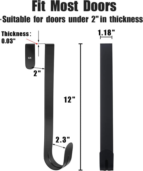 GameXcel 12" Wreath Hanger for Front Door, Large Metal Hook for Christmas Wreath Over The Door, Black