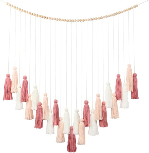 DrCor Blush Pink Boho Macrame Wall Hanging Handmade Rose Gold Tassel Decor
