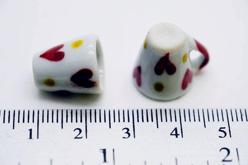Inch 10 Set ChangThai Design Very Tiny White Red Hearts Ceramic Coffee Mug Pieces - Miniature Tableware Cup Tray Bowl