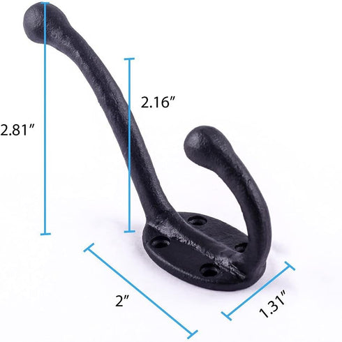 Renovators Supply Manufacturing Black Wrought Iron Double Hooks, 5 in. Long, Rustic Entry Way Hat Or Jacket Hanger,