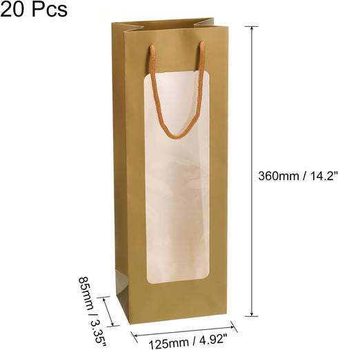 uxcell Wine Bags, 20pcs 4.92"x3.35"x14.2" Wine Gift Bags with Rope Handles, Paper Wine Tote Bag with Clear Window for Wedding Birthday Christmas Party Supplies, Gold