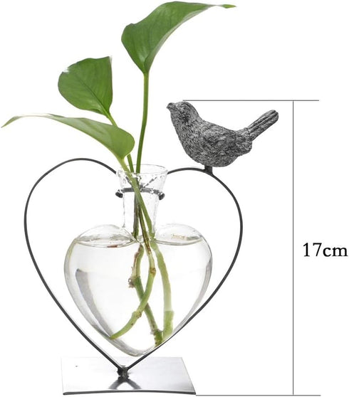 Bulb Marbrasse Desktop Glass Vase, Glass Vases for Holder, Creative Bird with Heart Planter Vase, Plant Terrarium Metal