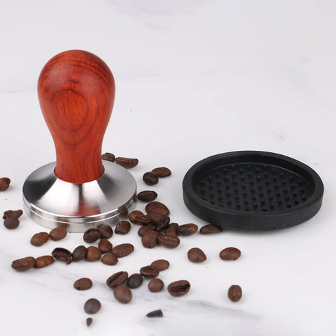 Coffee Tamper 58mm Barista Espresso Press with Tamper Mat, 304 Stainless Steel Base, Wooden Handle