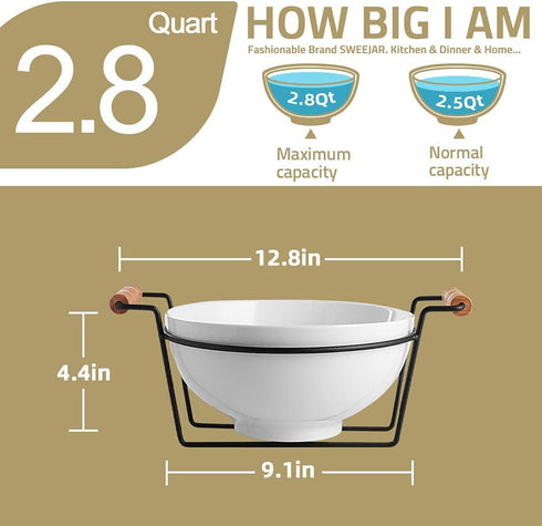Sweejar 9" Large Porcelain Bowl for Salad, Popcorn, Fruit Snacks, 2.8 Quarts, Gray, Serving for Family Party
