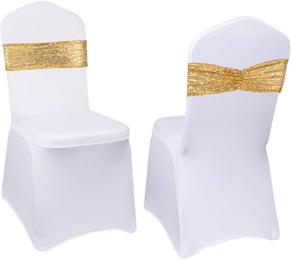 Eternal Beauty Set of 10 Gold Sequin Chair Bows, Sashes for Wedding Party Decorations
