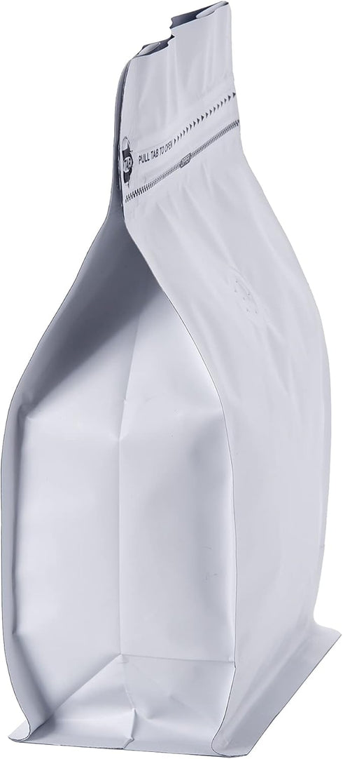 50 Count 8 Ounce Matt White Aluminum Foil Coffee Bags, Stand Up/Flat Bottom Side Gusset Coffee Pouches with Air Release