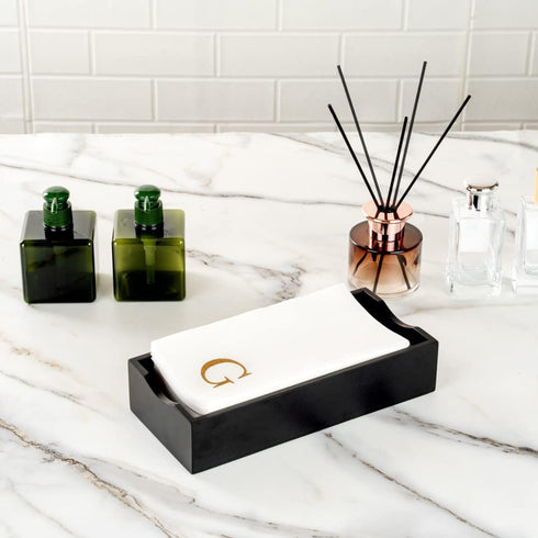 15.8 7.9 Inch 50 Luxenap X Linen-Feel Guest Towels, Lettered Hand Towels - Gold Letter 'G', Sans Serif Font, White