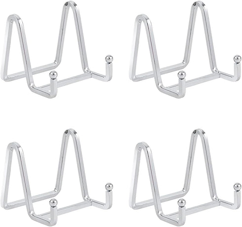 Plate Holder Easel Display Stand, 3 Inch Metal Plate Stands for Display, Silver Iron Easels for Pictures, 4 Pack