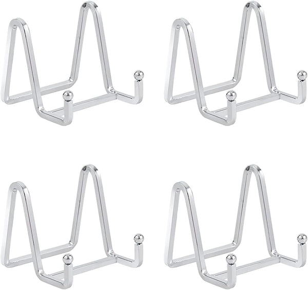 Plate Holder Easel Display Stand, 3 Inch Metal Plate Stands for Display, Silver Iron Easels for Pictures, 4 Pack