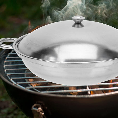 Kichvoe Stainless Steel Wok Pan with Lid, 2pcs Nonstick Frying Pan for Home Outdoor Camping BBQ, 22cm