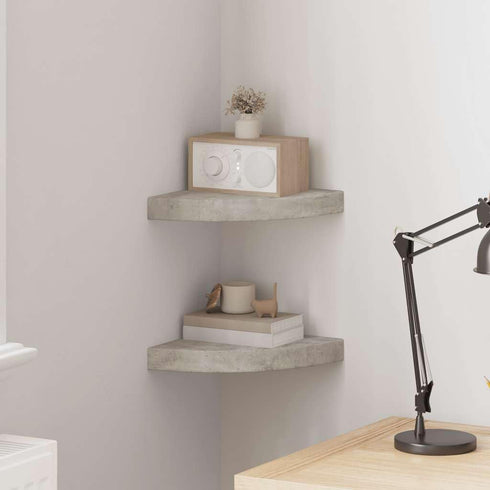 Set 2 vidaXL Wall Corner Shelf of Concrete Grey Honeycomb MDF, Metal