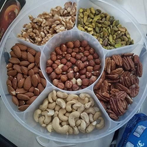2 Pack Candy and Nut Serving Container, Appetizer Tray with Lid, 6 Compartment Round Plastic Food Storage Organizer,