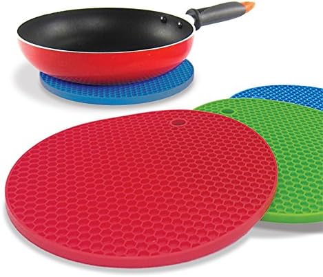 Better Kitchen Products Set of 3 Large Silicone Pot Holders, Hot Pads, Trivets - 7 Inch, Blue, Lime Green, Red
