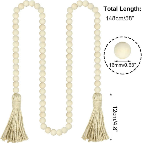 58in Farmhouse Beads Wood Bead Garland with Tassels, Rustic Decor for Farmhouse Tiered Tray Wall Decor (Natural Wood)