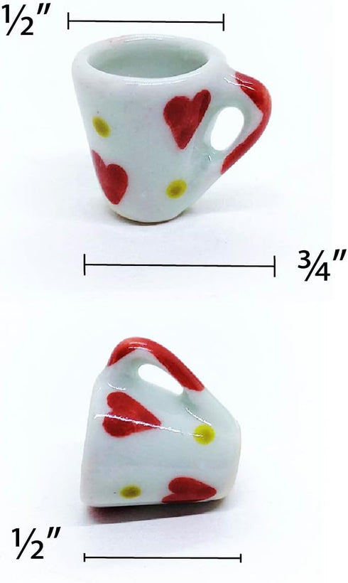 Inch 10 Set ChangThai Design Very Tiny White Red Hearts Ceramic Coffee Mug Pieces - Miniature Tableware Cup Tray Bowl