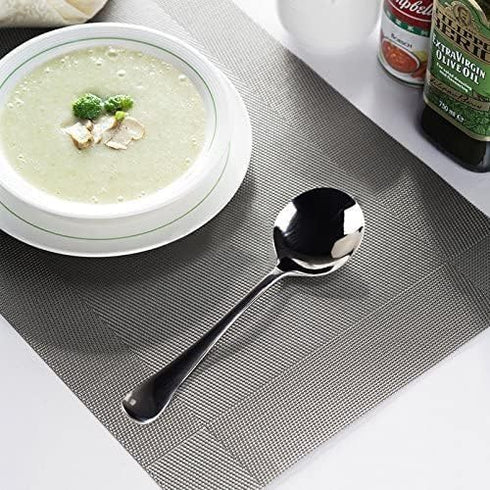 AmoVee Wholesale Stainless Steel Alpha Round Soup Spoons, Set of 16