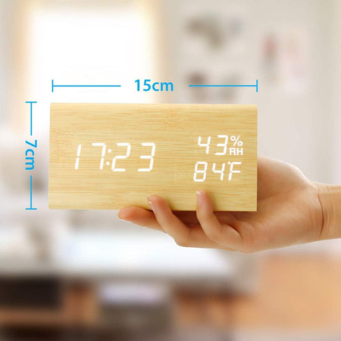 OCT17 Wooden Alarm Clock - Smart LED Digital Clock with Time Temperature, Humidity Display, Bamboo, Adjustable