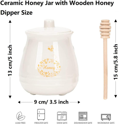 Kosmeey Ceramic Honey Jar with Wooden Honey Dipper-Honey Pot with Dipper- Honey Jar with Stand, Great Bee Decor
