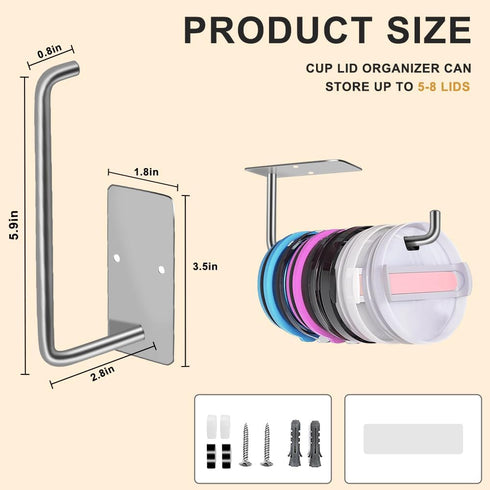 MGahyi Tumbler Lid Organizer, Space Saving Cup Lid Organizer Self-Adhesive or Drilling Tumbler Lid Hook for Kitchen Organizers and Storage(Silver)