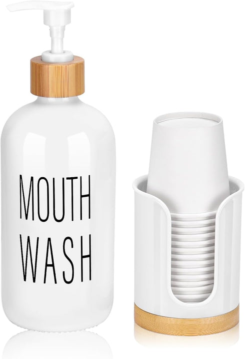 Pump Mouthwash Dispenser with Bathroom Cup Holder, Glass Mouthwash Container, Mouth Wash