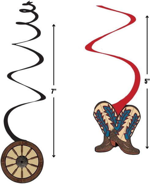Western Party Hanging Swirl Decorations - Red & Blue Swirl with Cowboy Cutouts (Pack of 12) - 5" & 7"
