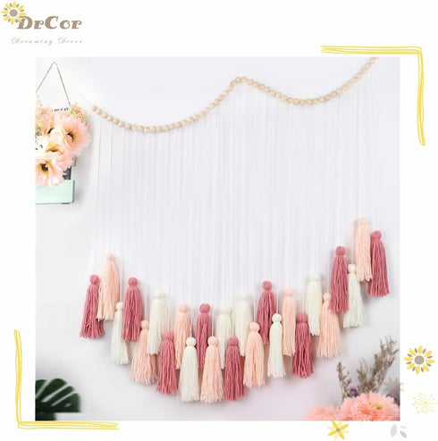 Cozy DrCor Blush Pink Boho Macrame Wall Hanging Handmade Rose Gold Tassel Decor for Nursery, Dorm, Baby Shower