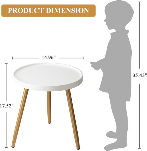 14.96" 14.96" 17.52" danpinera Small Round Side Table, Mini White Table with Wooden Tray & Metal Legged, Gold Side