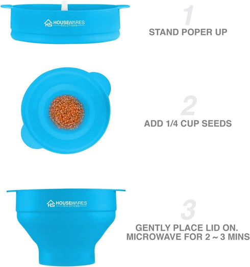 Collapsible Silicone Microwave Hot Air Popcorn Popper Bowl with Lid and Handles - Aqua