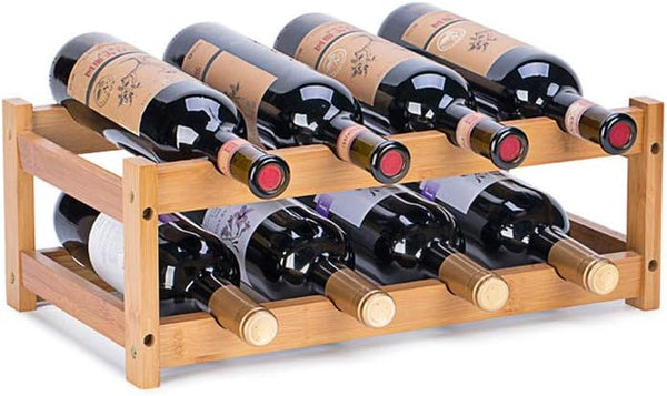 Wine Rack, Natural Bamboo Countertop Wine Storage Rack, 2-Tiers for 8 Bottles, Wine Display Shelf