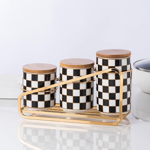 Countertop Set, 3Pcs Countertop Kitchen Ceramic Checkered Canisters Grid Pattern Kitchen Jars with Layered Shelves