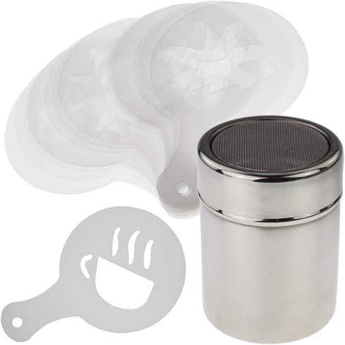 Chocolate Shaker with 16 Piece Stencils Set for Coffee Lovers, Cappuccino Latte Hot Chocolate Decoration