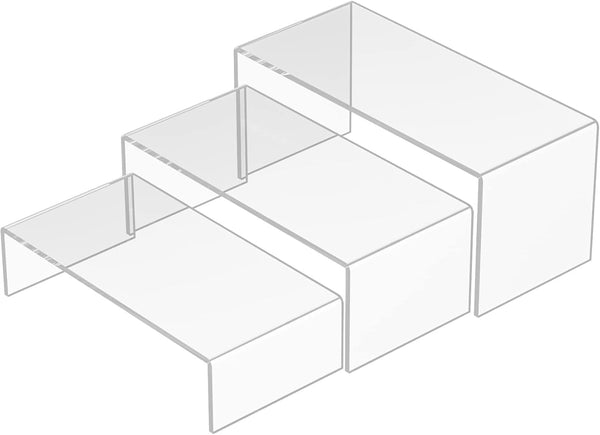 Clear Riser Shelf 3pcs, Acrylic Display Shelves Organizer for Funko Pop, Perfumes, Bags, Shoes, Collectibles