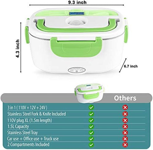 Electric Lunch Box Food Heater, 3 in 1 Portable Food Warmer, 1.5L for Car/Home with Fork Spoon and Bag