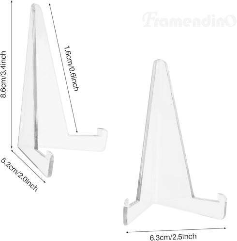 Framendino, 20 Pack Triangle Acrylic Easel Stands for Display Mini Picture Frame Plate Holders Photo Holder Picture Card Weddings Home Decoration (Clear)